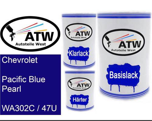 Chevrolet, Pacific Blue Pearl, WA302C / 47U: 500ml Lackdose + 500ml Klarlack + 250ml Härter - Set, von ATW Autoteile West.